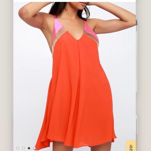 Lulus Bright On Coral Orange Pink Color Block Swing Dress MEDIUM - Picture 4 of 12